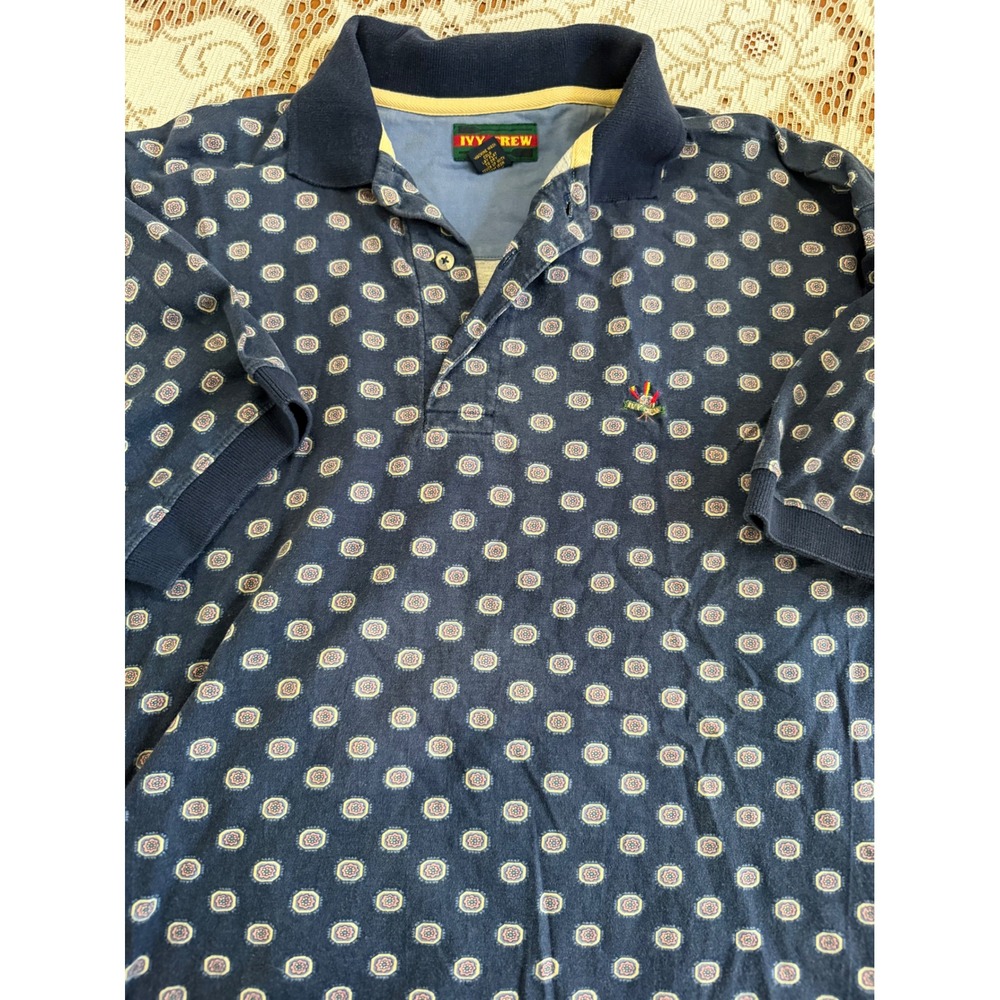 Vtg Ivy Crew Mens Large Navy Blue Geometric Medallion Print Cotton Polo Shirt
